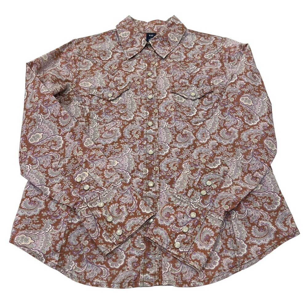 Gap Paisley Western Snap Front Shirt, Brown Purple, M